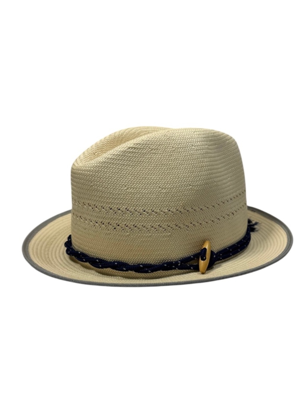 TRACY WATTS Brooklyn Natural Toyo Paper Straw Fedora Sun Hat Navy Rope Accent M